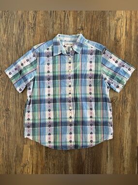 Vtg Cabin Creek S/S Button-Up Shirt Womens L Blue Plaid Hearts Flowers Cottage
